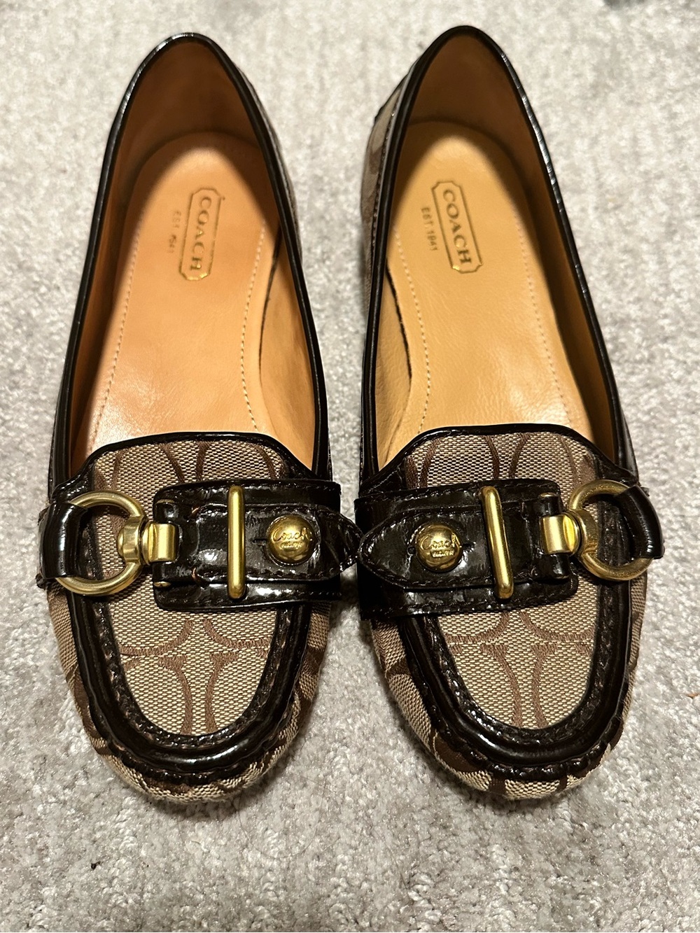 Coach Loafer Flats Tan Signature Canvas w/ Brown Patent Leather Gold Accents
